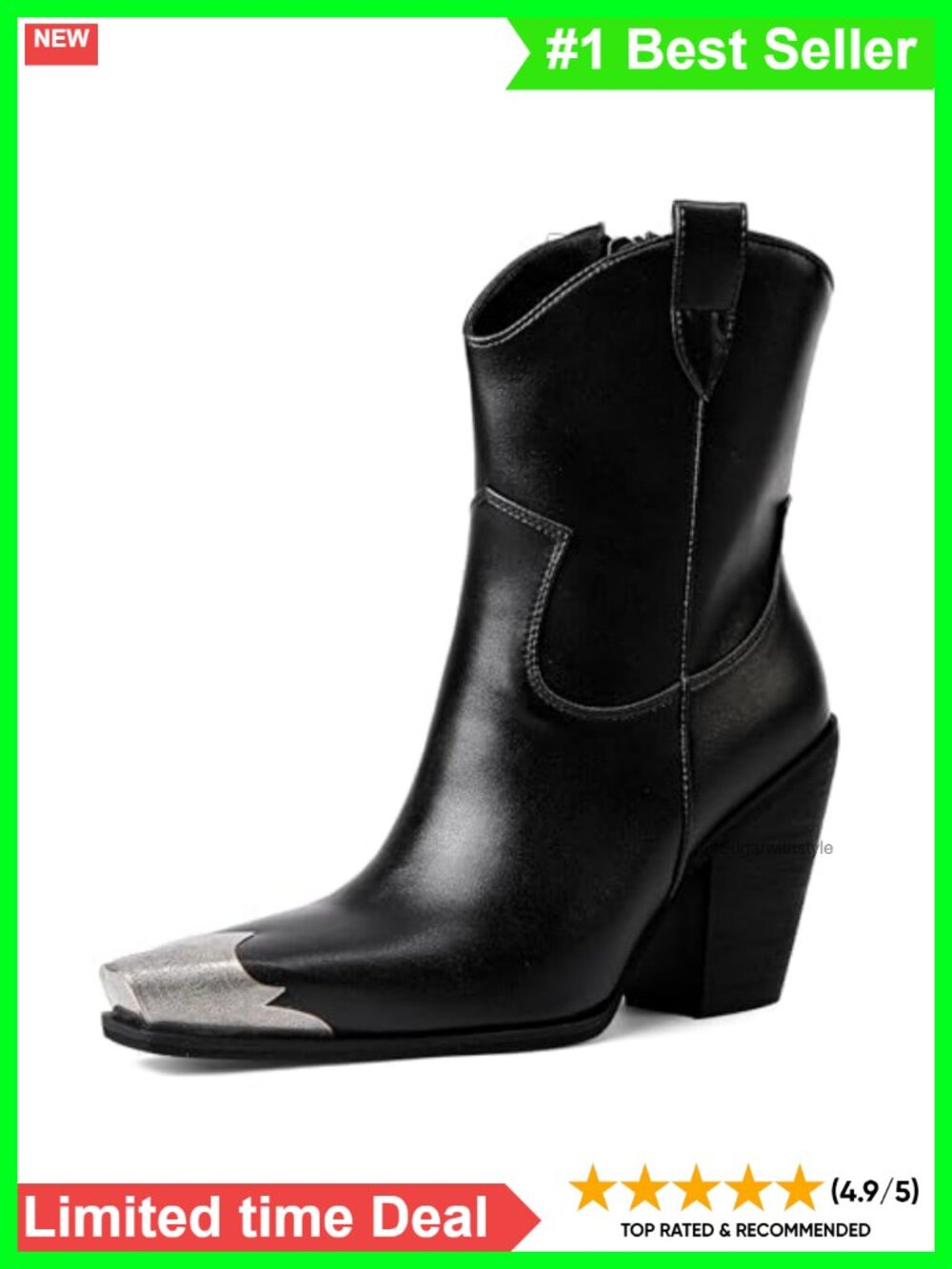 Engraved Steel Toe Faux Leather Ankle Cowboy Boots Stacked Block Heel